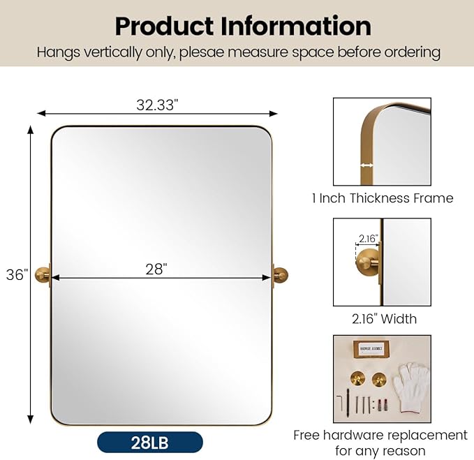 MOON MIRROR Gold Brass Pivot Rounded Rectangle Bathroom Mirror, Brushed Gold Tilt Mirror, Overall 32.33 x 36 in (Mirror 28x 36 in)