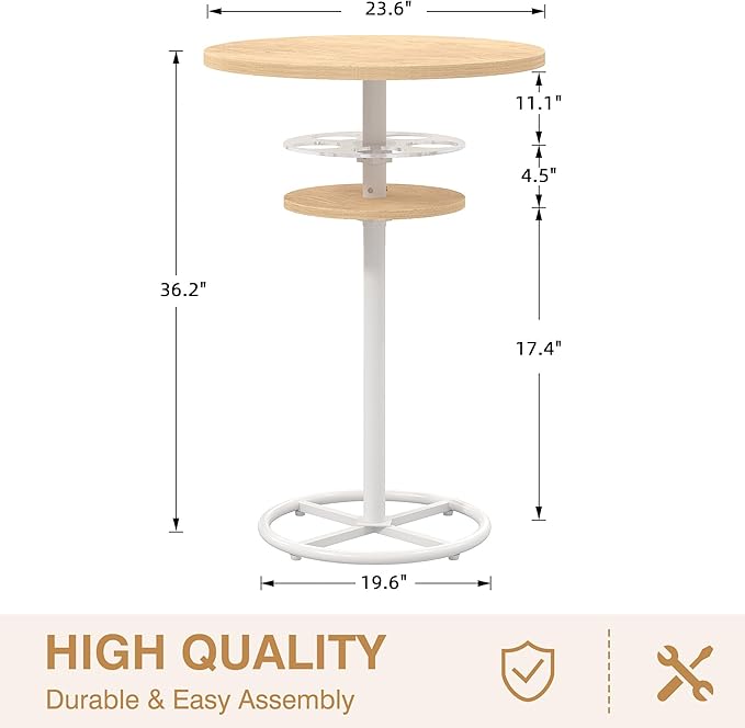 VECELO 36” High Top Bar Table, Sturdy Frame with Metal Base for Cocktail, Pub, Easy Assembly, Oak