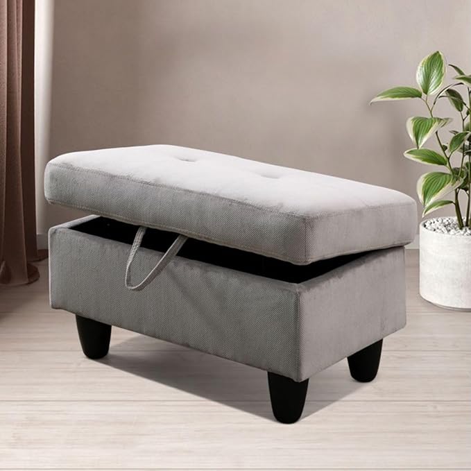 Grey White L-Shaped 3-Piece Corduroy Sofa with Storage Ottoman Set, Sectional Couch Sofa Set for Living Room, Office, Small Space