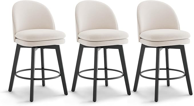 Counter Height Barstools 26 inch Upholstered Swivel Bar Stools with Back and Wood Legs for Kitchen Island,Set of 3,Beige Fabric-Armless