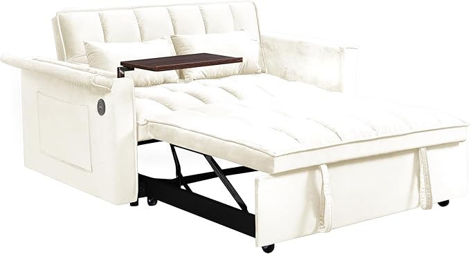 Ball & Cast 55" 3 in 1 Sleeper Sofa Bed Velvet Upholstered Pull Out Couch with Adjustable Back & 2 Pillows,Convertible Futon Sofa Bed W/Hidden Side Table,Side Pocket & USB Port,for Living Room,Beige