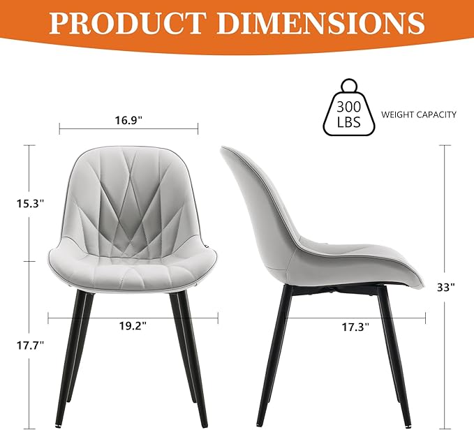 Rowill Dining Chairs Set of 2 - Modern Kitchen Chairs with Soft Backrest, Sturdy Metal Legs & Non-Slip Pads, Suitable for Home Kitchen, Faux Leather Upholstered Seats for Dining Room, Grey