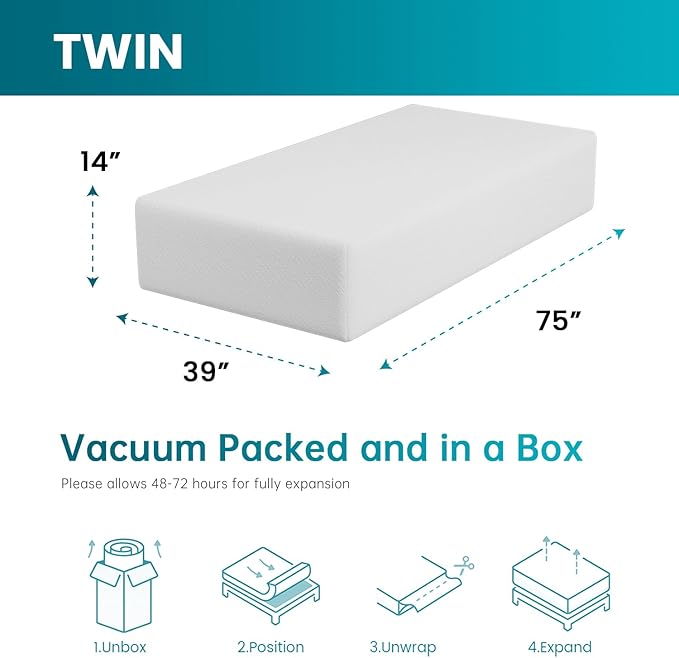 FDW | 14 Inch Twin Mattress | Medium Firm | Gel Memory Foam Mattress | White | Bed in a Box, CertiPUR-US Certified | Pressure Relief, Cooling Ventilated Foam | Washable Removable Cover