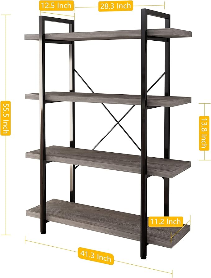 45MinST 4-Tier Vintage Industrial Style Bookcase/Metal and Wood Bookshelf Furniture for Collection, Gray Oak, 3/4/5 Tier (4-Tier)