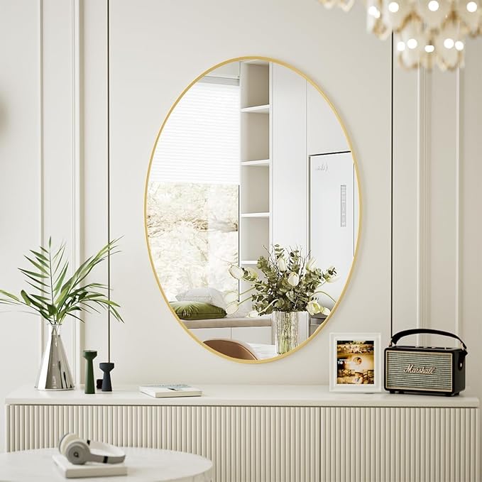 Koonmi Gold Oval Bathroom Mirror, 26"x38" Bathroom Vanity Mirror, Oval Mirror for Bedroom Living Room Entryway, Hangs Horizontal or Vertical