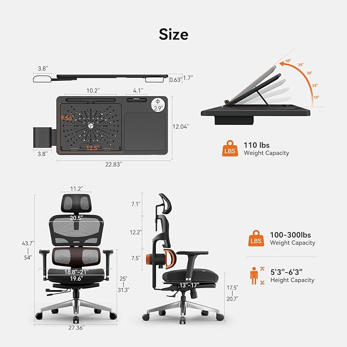 Newtral Office Chair Ergonomic - Home Office Desk Chair, Auto-Following Lumbar Support, 4D Armrest, Seat Depth and Height Adjustable for Long Time Sitting (with Footrest + Laptop Tray, Black)