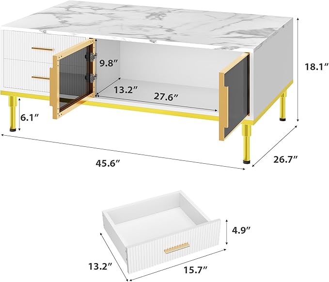GAOMON Coffee Table for Living Room, Faux Marble Coffee Table with 4 Drawers and Glass Doors Storage, Modern Aesthetic Fluted Panel Design, White & Gold