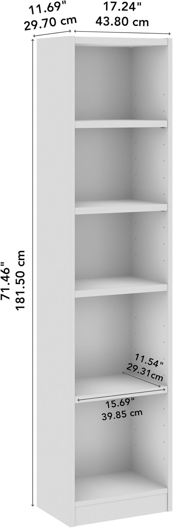 Bush Furniture Universal 17W Narrow 5 Shelf Bookcase in White, Tall Skinny Bookshelf for Home Office Storage or Living Room Organization