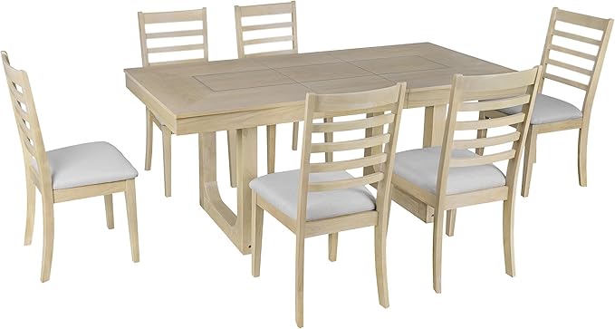 Merax 7 Piece Extendable Wooden Dining Table Set, Farmhouse Extendable with 18" Move Leaf, 78" Rustic and 6 Upholstered Chairs for Kitchen Room, Natural
