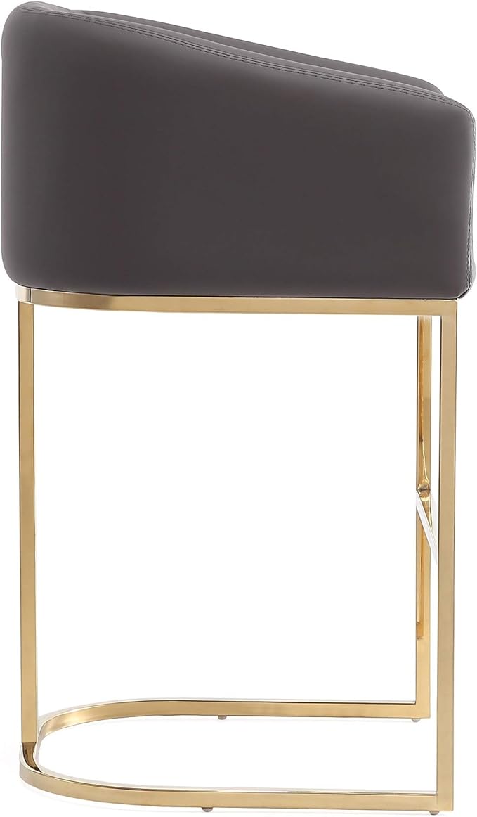 Manhattan Comfort Louvre 26 Inch Mid Century Modern Counter Height Bar Stools - Elegant Faux Leather Padded Seat, Stainless Steel Base with Footrest, Fully Assembled Barstools, Set of 2, Grey