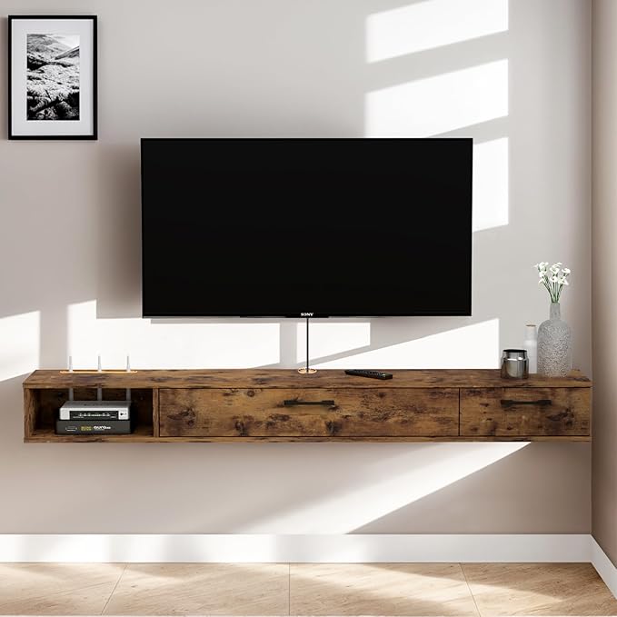 Pmnianhua Farmhouse Floating TV Stand with 2 Doors,47'' Under TV Shelf Floating,Wall Mounted TV Shelf,Rustic Floating TV Console for Under TV(Rustic Brown)