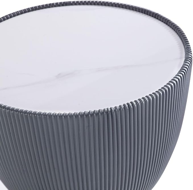 Manhattan Comfort Anderson Modern 18" Round End Table 2.0 | Ceramic Marble Tabletop, Elegant Pleated Leatherette Design & Gold Stainless Steel Base, Fully Assembled Accent Furniture, Set of 1, Grey