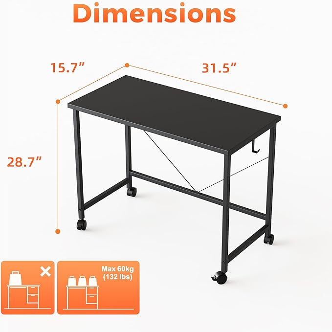 Rolling Computer Desk with Wheels, Gaming Desk for Small Spaces, Modern Simple Style Table for Home Office, Study Writing Table (Caster, Black, 32 inch)