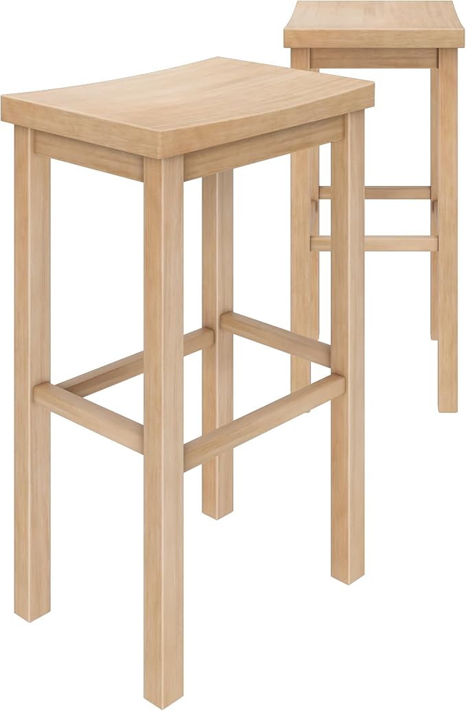 Grain & Grove Smith Collection Set of 2 Solid Wood Bar Stools, 30 inch Saddle-Seat Bar Chairs, Backless, Heavy-Duty Construction, Footrest Support, for Kitchen Islands, Home Bars, and Counters, Blonde