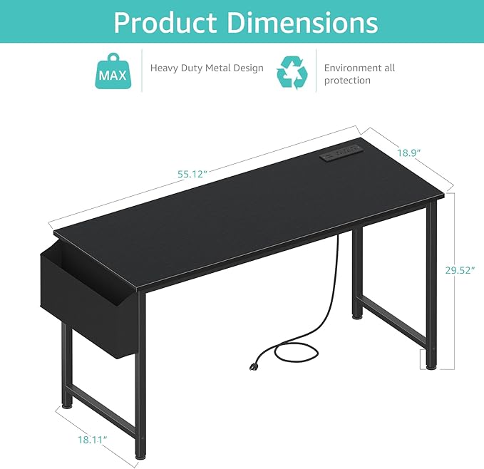 Lufeiya Gaming Desk with Power Outlet, 55 inch Teen Study Table Home Office Work Writing Computer Desks with Charging Station Outlets Built in, Black