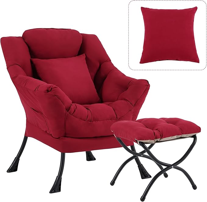 Lazy Chair with Ottoman, Modern Lounge Armchair with a Pillow, Leisure Sofa Armchair Set, Reading Chair with Footrest for Living Room, Bedroom, Office, Dorm Room, Peach Burgundy
