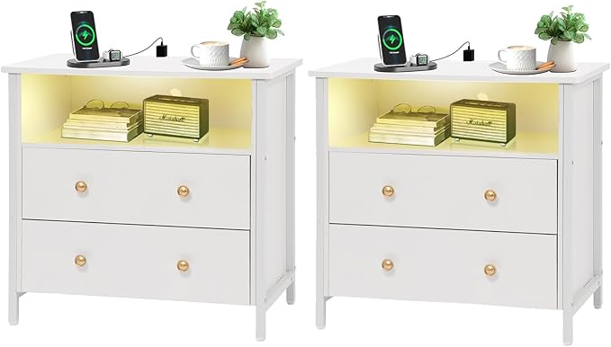 27 Inch Wide Night Stand, Large Wood Night Stand Set 2 with 2 Drawers, LED Nightstand with Charging Station and Adjustable Drawer, Bedside Table for Living Room/Bedroom/Study/Office, White.