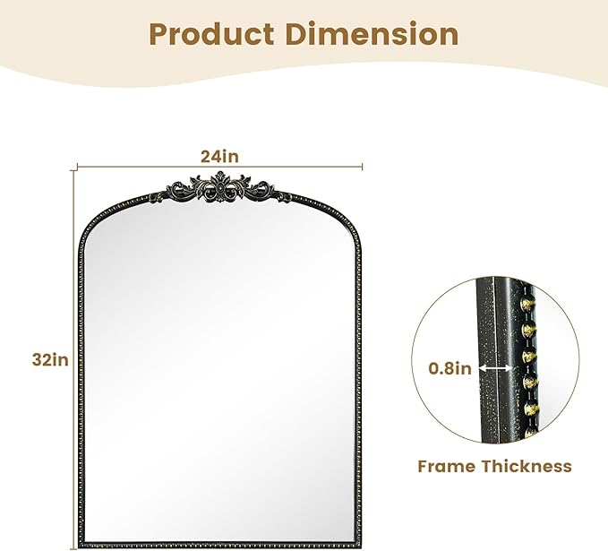 WallBeyond Gold Vintage Arched Wall Mirror, 24x32 Inch, Black Iron Frame, Bathroom, Living Room, Entryway
