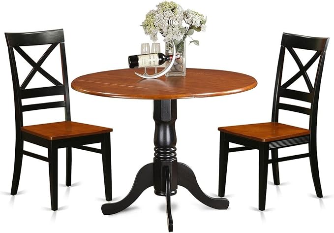 East West Furniture DLQU3-BCH-W 3 Piece Dining Set Contains a Round Dining Table with Dropleaf and 2 Kitchen Chairs, 42x42 Inch, Black & Cherry