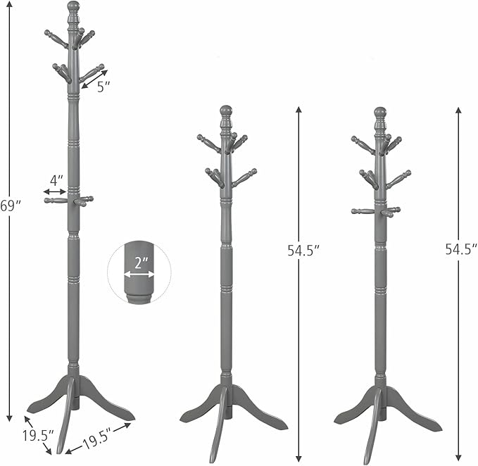 Tangkula Wood Coat Rack Freestanding, Entryway Height Adjustable Coat Stand with 9 Hooks & Stable Tri-Legged Base, Rubber Wood Coat Tree Hall Tree Coat Hanger for Home Office Hall Entryway (Grey)