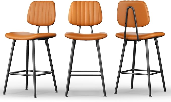 24-Inch Leather Bar Stools Set of 2, Counter Height Barstools with High Backrest，Bar Chairs for Kitchen Island with Heavy Duty Metal Legs, Brown