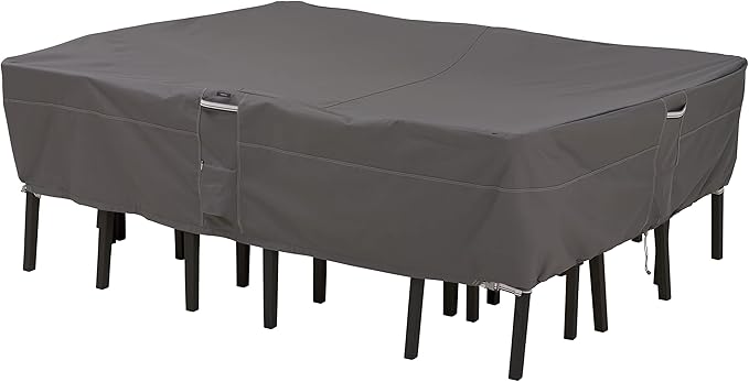 Classic Accessories Ravenna Water-Resistant 88 Inch Rectangular/Oval Patio Table & Chair Set Cover, Medium, Taupe, brown, Outdoor Table Cover