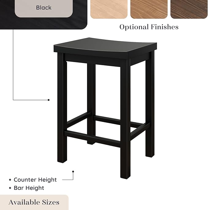 Grain & Grove Smith Collection Solid Wood Counter Height Bar Stool, 24-Inch Saddle Seat Backless Stool, Ideal for Kitchen Island, Dining, or Home Bar Seating, Black