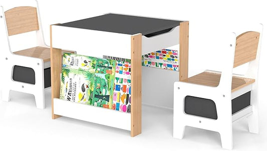 Asweets Kids Table and Chair Set,4 in 1 Toddler Desk with Storage Drawer,Wooden Activity Table for 2 in 1 Detachable Tabletop,Bookshelf,Suitable for Classroom,Home,Nursery,Playroom (Ivory White)