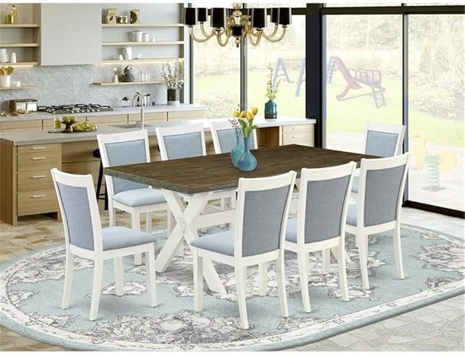 East West Furniture X077MZ015-9 9 Piece Dining Room Furniture Set Includes a Rectangle Dining Table with X-Legs and 8 Baby Blue Linen Fabric Parsons Chairs, 40x72 Inch, Multi-Color