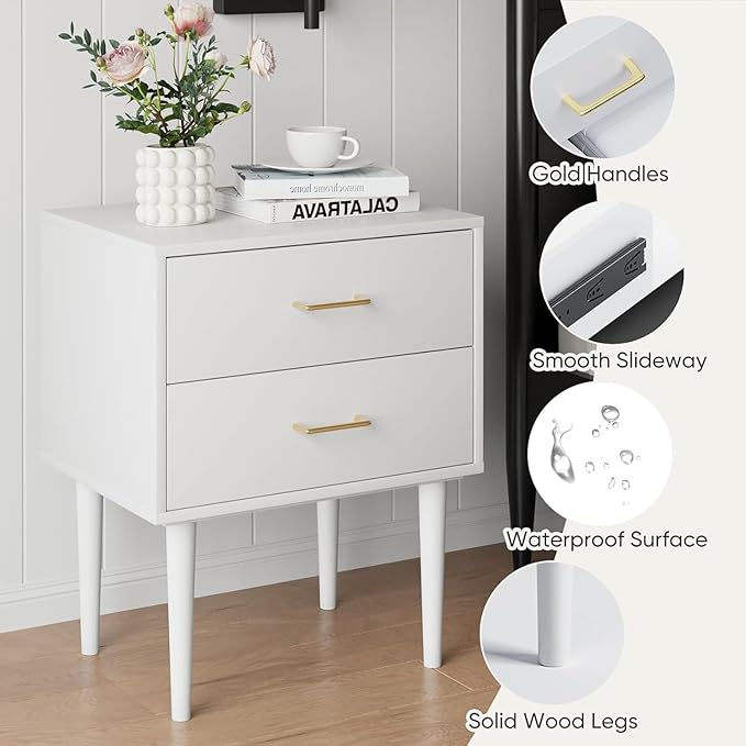 Smart FENDE 26 inch Tall White Nightstand with 2 Drawers, Modern Night Stand Set of 2, Mid-Century Modern End Table, Wooden Bedside Table with Solid Wood Leg for Bedroom