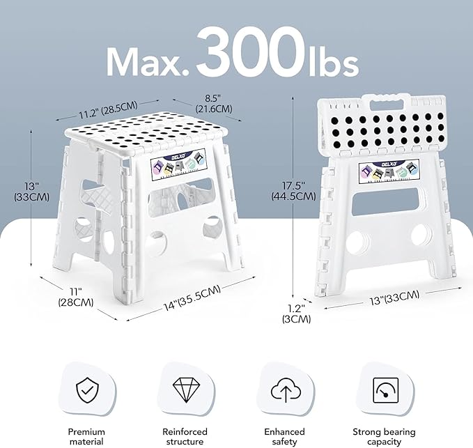 Delxo 13" Folding Step Stool, Non-Slip Foldable Step Stools with Handle,Plastic Portable Folding Stool for Bathroom,Bedroom,Kitchen,Hold up to 300lbs White