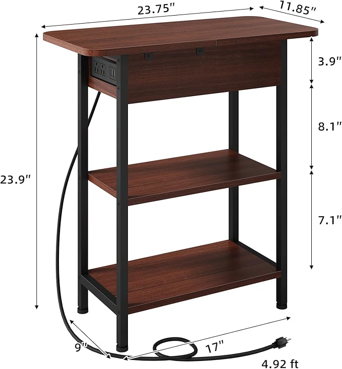 LIDYUK End Table with Charging Station, Flip Top Narrow Side Table for Small Spaces, Nightstands Set of 2 for Bedroom, End Tables Living Room Set of 2 with Storage Shelf, Cherry