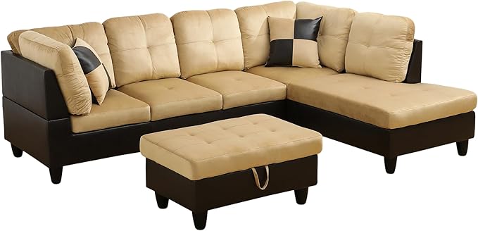 NicBex Sectional Couch 3 Pieces Sofa Set with Left Chaise Lint PVC L Shaped Cloud Couch for Living Room Furniture Sets with Storage Ottoman, Modular Sofa for Living Room & Apartment, Beige+Black