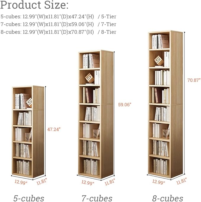 IOTXY Small Narrow Corner Bookcase - 47 Inches Tall Gap Freestanding Storage Cabinet, 5 Lattices Open Shelves Tower Rack, Cubes Bookshelf in Oak