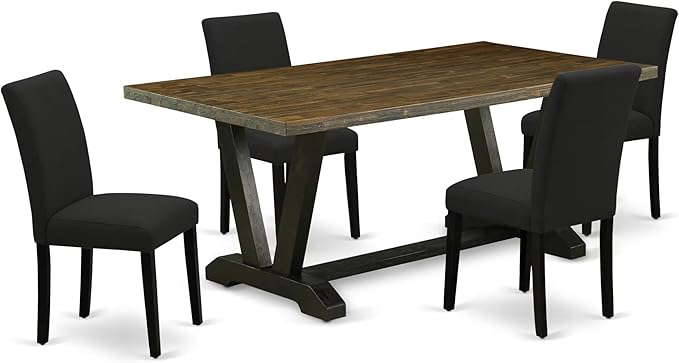 East West Furniture V677AB624-5 5 Piece Dinette Set Includes a Rectangle Dining Room Table with V-Legs and 4 Black Color Linen Fabric Parsons Dining Chairs, 40x72 Inch, Multi-Color