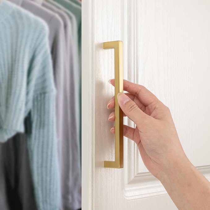 KOOFIZO Solid Square Bar Cabinet Handle - Brushed Gold Furniture Pull, 5 Inch/128mm Screwhole Distance, 10-Pack for Kitchen Cupboard Door, Bedroom Dresser Drawer, Bathroom Wardrobe Hardware
