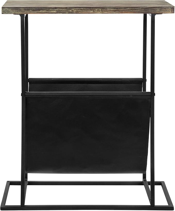 MyGift 21-Inch Modern Narrow Living Room End Table with Hand Torched Solid Wood Tabletop and Black Metal Frame, Bedroom Nightstand Side Table with Magazine Holder Sling