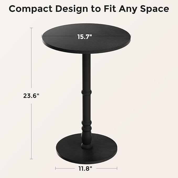 Round Side Table, Solid Wood Pillar, Large 15.7" Top, Small Accent Table for Living Room, Bedroom, Sofa, Entryway & Office, Easy Assembly, Black