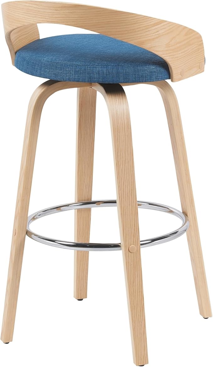 Sonia Modern Swivel Bar Height Stool with Blue Upholstered Seat and Patterned Oak Wood Finish Set of 4