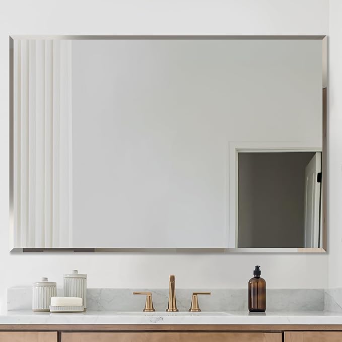 Frameless Beveled Edge Bathroom Mirror 38x26 Inch Rectangle Wall Mirror Explosion Proof and Shatterproof Bathroom Vanity Mirror Wall Mounted Hang Firmly (Horizontal or Vertical)