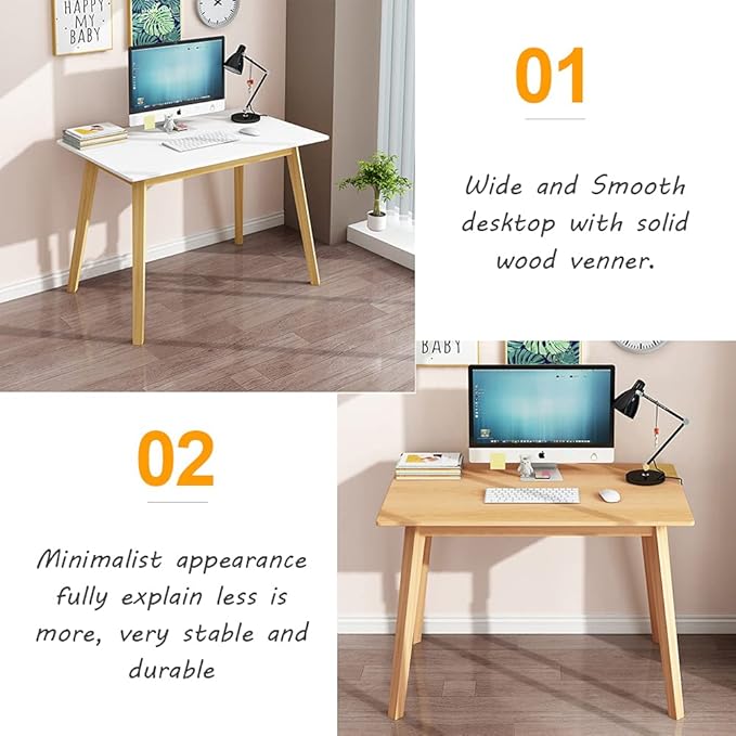 IOTXY Simple Wooden Writing Desk - Modern Minimalist Style PC Laptop Computer Workbench with Solid Wood Legs, 39" W Home Office Work Table for TV Stand Music Video Live Broadcast Workstation, White