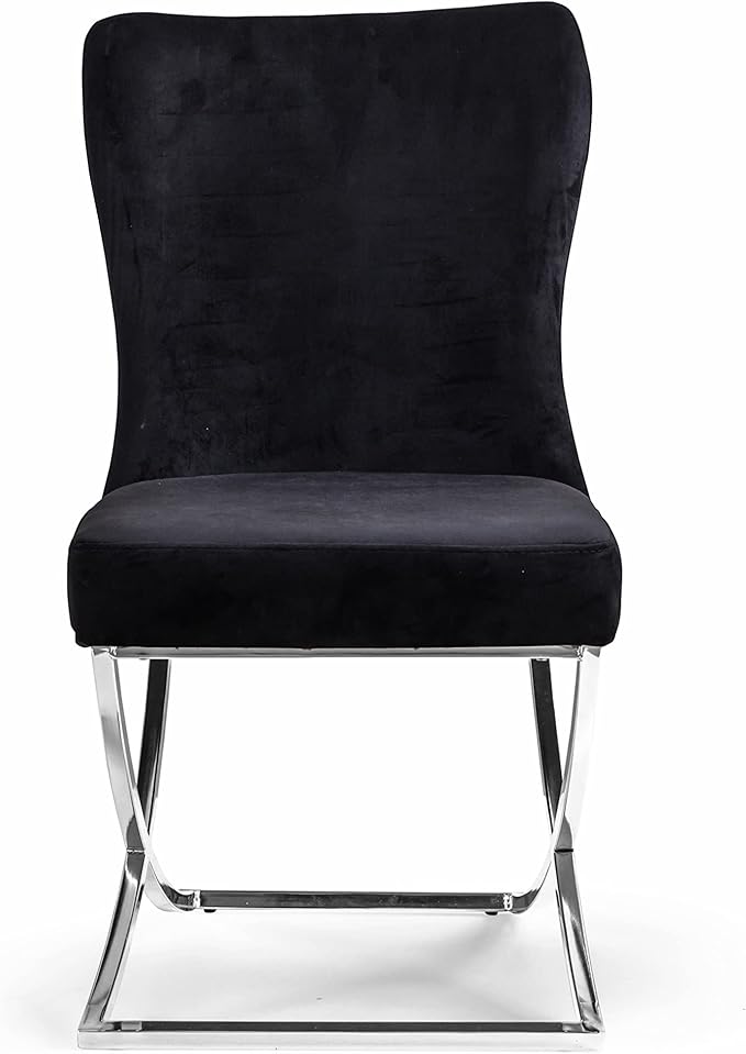Ottomanson Royal Dining Chairs Set of 2 – Upholstered Tufted Microfiber, Assembled, Silver Metal Legs, Beech Wood Frame, 350 lb Capacity, Black