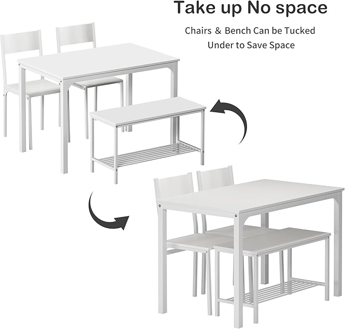 SogesHome 4-Piece Dining Table Set for 4, 43.5'' Space-Saving Kitchen Set with Bench and Chairs, Ideal for Restaurants and Coffee Shops, White