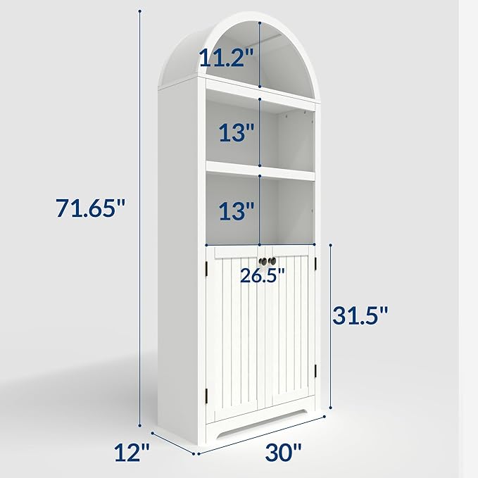 GAOMON 72'' Tall Arched Cabinet, 5 Tier Arched Bookshelf with Double Doors & Adjustable Shelf, Wooden Bookcase with Storage for Living Room, Bedroom, Study, Kitchen, Home Office, White