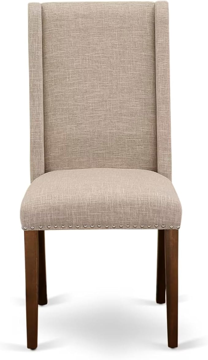 NEFL9-AWA-04-9-Piece Kitchen Set Consists of a Dinner Table and 8 Light Tan Linen Fabric Parson Chairs with Padded Chair Back - Antique Walnut Finish.