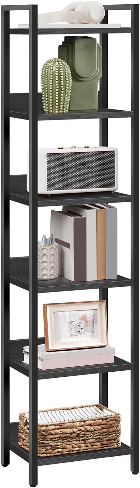 Bookshelf, 6-Tier Bookcase, Standing Book Shelf for Small Space, Storage Shelf Organizer, for Living Room, Bedroom, Study, Balcony, Black BKHB6601