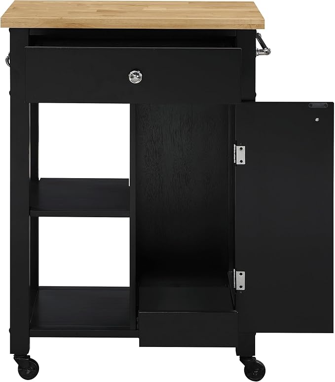 OSP Home Furnishings Derry Modern Farmhouse Kitchen Cart with Natural Butcher Block Top, Rolling Storage Cabinet with Drawer, Shelves, Hooks, Black Finish