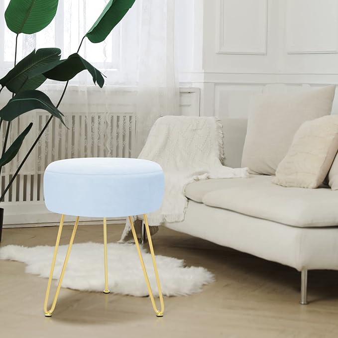 GERANT Multifunctional Vanity Stool - Velvet Footrest Stool-Upholstered Chair Stool -Ottoman Round Modern Dressing Chair - Side Coffee Table Seat with Golden Metal Leg for Living Room (Light Blue)