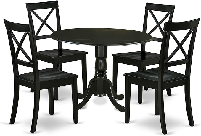 East West Furniture DLBO5-BLK-W 5 Piece Dinette Set for 4 Includes a Round Dining Room Table with Dropleaf and 4 Kitchen Dining Chairs, 42x42 Inch, Black