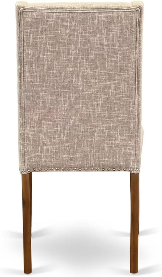 NEFL9-AWA-04-9-Piece Kitchen Set Consists of a Dinner Table and 8 Light Tan Linen Fabric Parson Chairs with Padded Chair Back - Antique Walnut Finish.